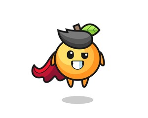 the cute orange fruit character as a flying superhero