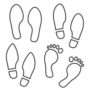 Human footprints icon set, black line isolated on white background, vector illustration.