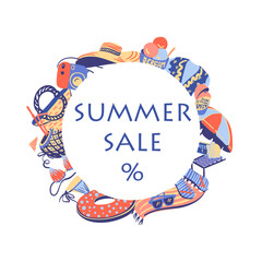 Fototapeta premium Vector summertime handdrawn summer sale banner. Hand drawn vibrant beach related objects white background. Circle composition. Summer discount announcement. Social media sticker. isolated elements.
