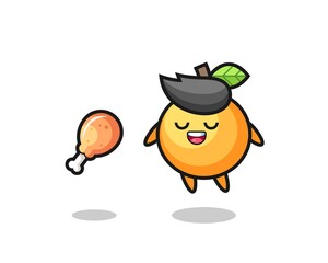 cute orange fruit floating and tempted because of fried chicken