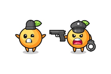 illustration of orange fruit robber with hands up pose caught by police