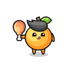 orange fruit cute mascot is eating a fried chicken