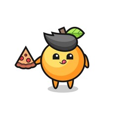 cute orange fruit cartoon eating pizza