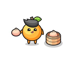cute orange fruit character eating steamed buns