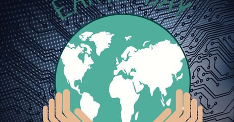Composition of earth day text with green globe over computer circuit board
