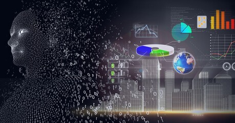 Composition of exploding human bust with binary coding over data processing