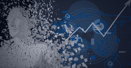 Composition of exploding human bust formed with particles over data processing