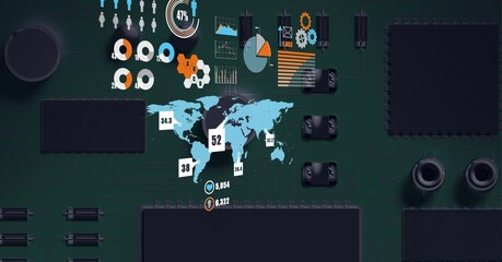 Composition of digital icons with world map over computer circuit board