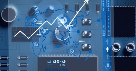 Composition of world map and data processing over computer circuit board