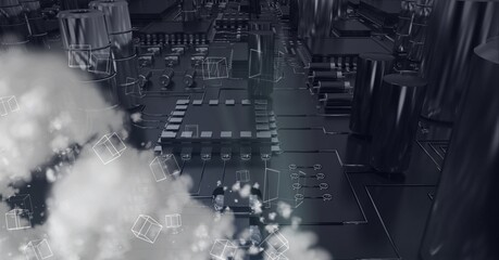 Composition of network of digital icons over cloud and computer circuit board