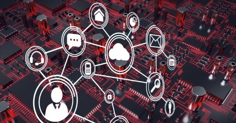 Composition of network of connections with icons over computer circuit board