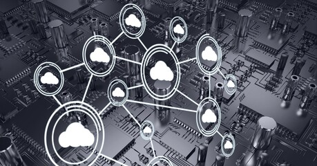 Composition of network of connections with icons over computer circuit board