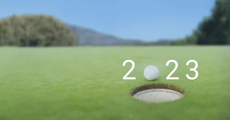 Gordijnen Composition of 2023 number with golf ball by hole on golf course © vectorfusionart