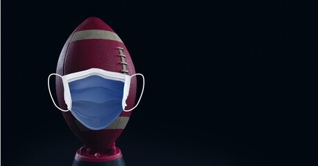 Composition of rugby ball with face mask with copy space on black background