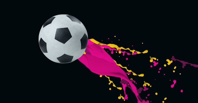 Composition of football with yellow and pink splashes isolated on black background