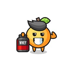 the muscular orange fruit character is holding a protein supplement