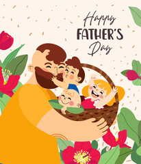 Happy Father's Day. Dad with his sons and daughter in his arms. Greeting card for the holiday. Vector illustration in cartoon style