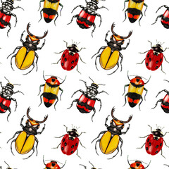 Watercolor seamless pattern with colorful bugs on white background.
