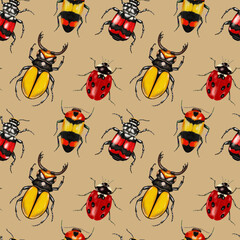 Seamless pattern with colorful bugs, beetles. Hand drawn watercolor insects on beige background.