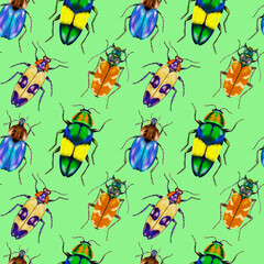 Watercolor hand drawn seamless pattern with bugs, beetles on green background.