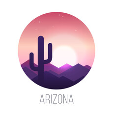 Vector illustration of a desert sunset landscape with cactus and hills silhouettes. Travel concept