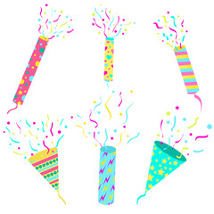 set of festive party firecrackers of different colors, shapes and sizes with patterns and confetti for creating banners, posters and cards, vector illustration, collection isolated on white background