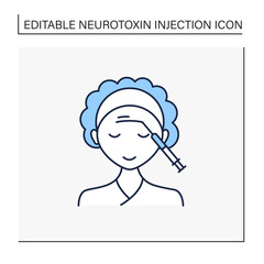 Cosmetic injection line icon.Woman doing injection in forehead.Surgery.Full syringe. Beauty cosmetic procedure concept.Isolated vector illustration.Editable stroke