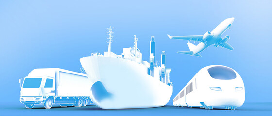 Logistics and transportation industry of truck, boat ,plane, train, for logistic Import export and transport industry on Blue background. copy space, banner, website - illustration