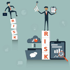 Flat of business concept, A man stand on the unsteadily's word risk and another man had the chart on beside - vector