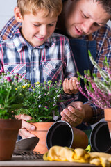 Child helps to father planting flowers. Family time at home