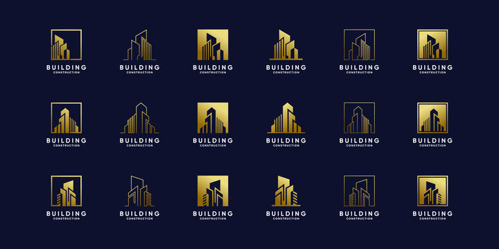 Set of building logo design for construction in golden gradient style color