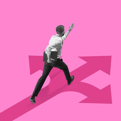 Fototapeta na wymiar Young man manager, finance analyst or clerk in office suit isolated on pink background. Collage, illustration
