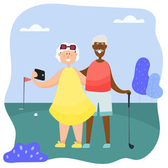 Grandparents taking selfie in the park. Grandfather and black grandmother play tennis in the park.