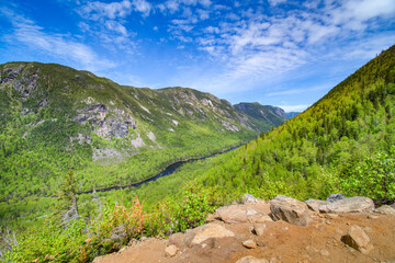 Fototapeta premium Overview of the valley during a hike at Hautes-Gorges national park, Quebec, Canada