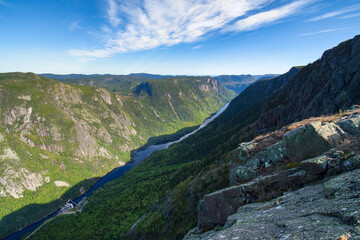 Hautes-Gorges national park and river seen from the summit of the ridge, Charlevoix, Quebec, Canada