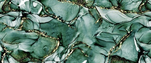 Abstract green alcohol ink background with gold design elements, liquid hand drawn art, reliefs, layered artwork, luxury decoration