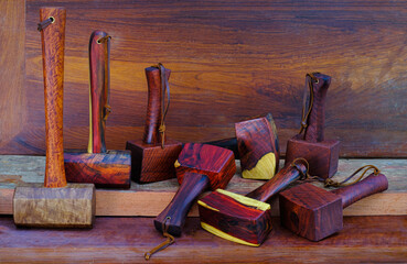 Set of mallet hammer wood made of rosewood tool handmade of Thailand for used by a carpenter in the...