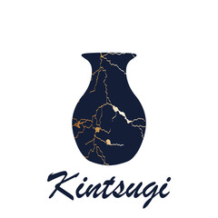 Renovated kintsugi japanese vase art color sketch engraving illustration. Kintsugi inscription
