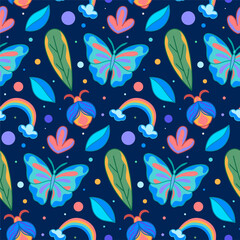 Unique butterfly nature flower vector seamless pattern design. Awesome for spring summer vintage fabric, textile, wallpaper, scrapbooking, gift wrap, accessories, and clothing. Surface pattern design.