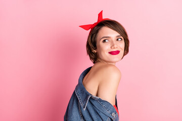 Photo of happy positive charming lovely pretty woman look copyspace dreaming isolated on pink color background