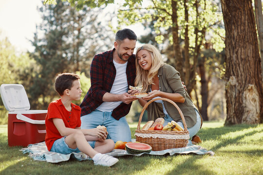 Happy young mother and father with little boy smiling while having picnic outdoors