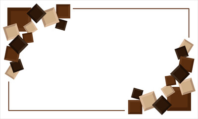 Chocolate frame for chocolate day celebration or world sweetest day. Assortment of bitter dark, white, and brown milk chocolate squares. Assorted cubes and pieces made of cocoa for a greeting card.