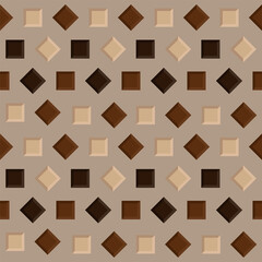 Seamless chocolate pattern. Delicious sweet background for wrapping paper or packaging. Assorted chocolate pieces and cubes for sweetest holiday. Tasty dessert decorative wallpaper texture.