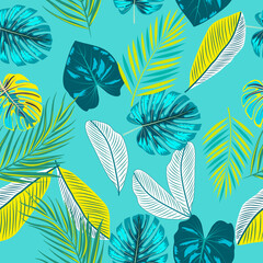 Vector tropical jungle seamless pattern with palm tree leaves