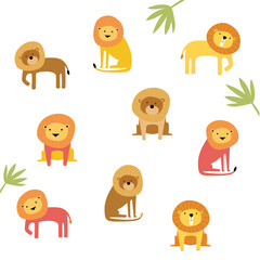 Vector set of cute drawn lions. Lions in different poses. Pink lion, brown lion. A family of lions. Lion pattern. Coloring book, textiles, wallpaper, cartoon.