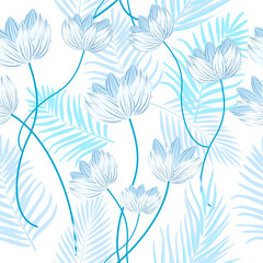 Vector tropical jungle seamless pattern with blue palm tree leaves and flowers
