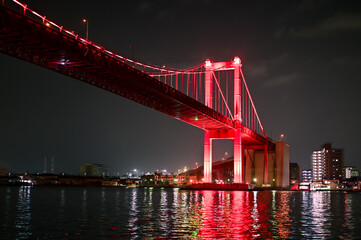 Fototapeta na wymiar 夜空と若戸大橋と洞海湾（福岡県北九州市）