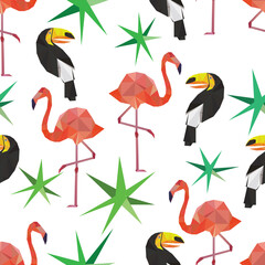 Seamless background with flamingos and toucans in low poly style.