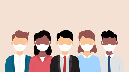 Group of people wearing medical mask to prevent from corona virus. Vector illustration.