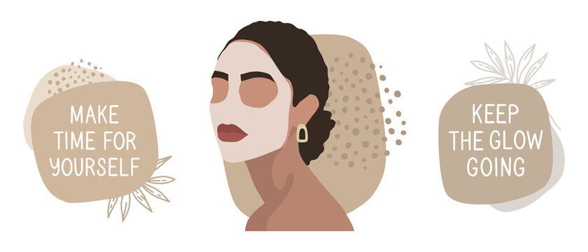 Vector illustrations set. Beauty quotes. Lettering "make time for yourself", "keep the glow going." Portrait of an elegant woman. Sheet mask and jewelry. Abstract beige background with dots and leaves